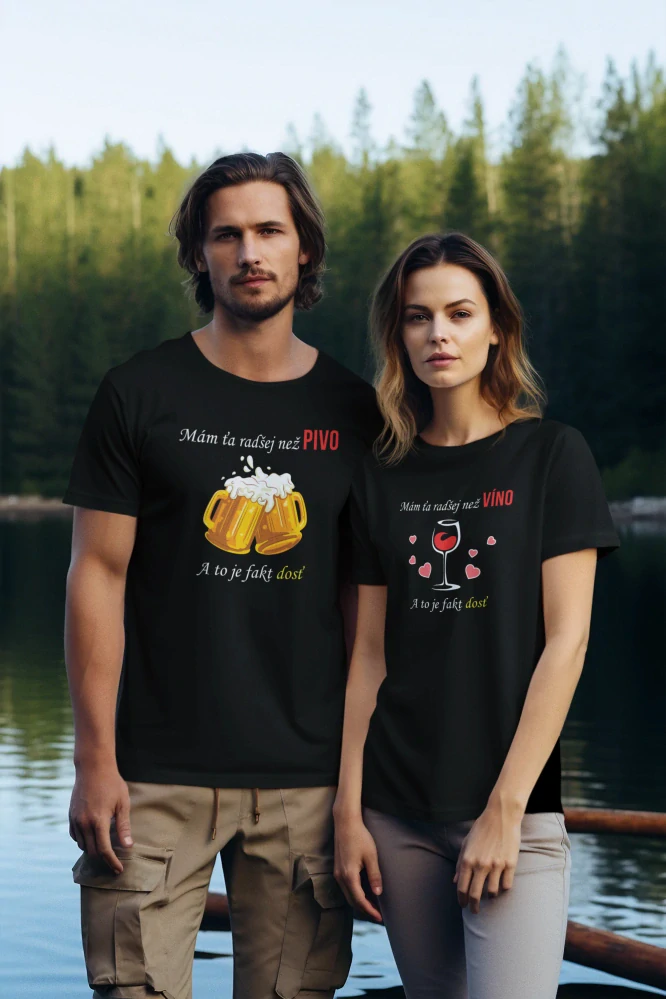 Set párové tričká s potlačou Mám ťa radšej než pivo/Mám ťa radšej než víno