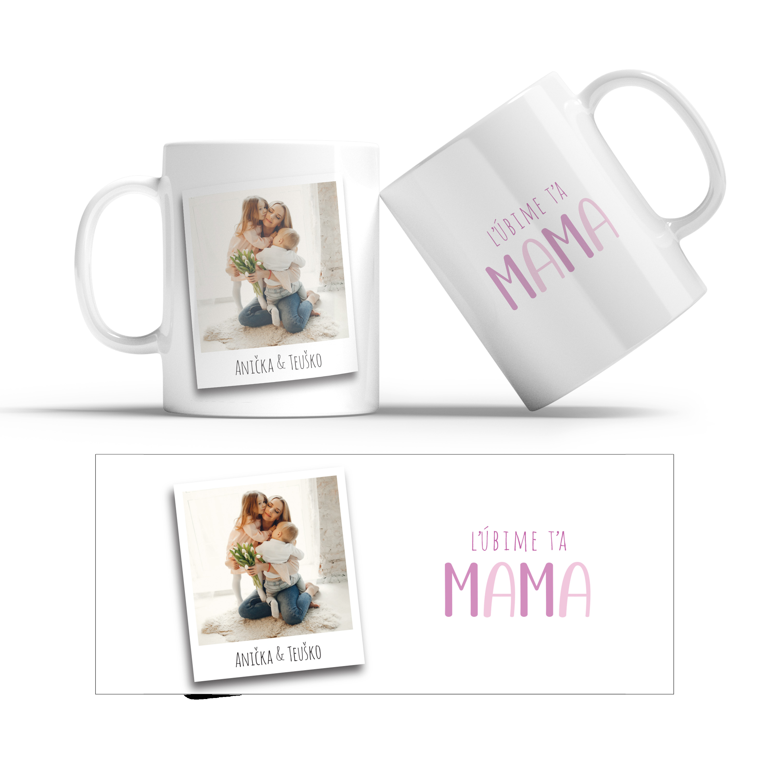 Hrnček s potlačou "Ľúbime ťa MAMA" s menami a s foto na želanie