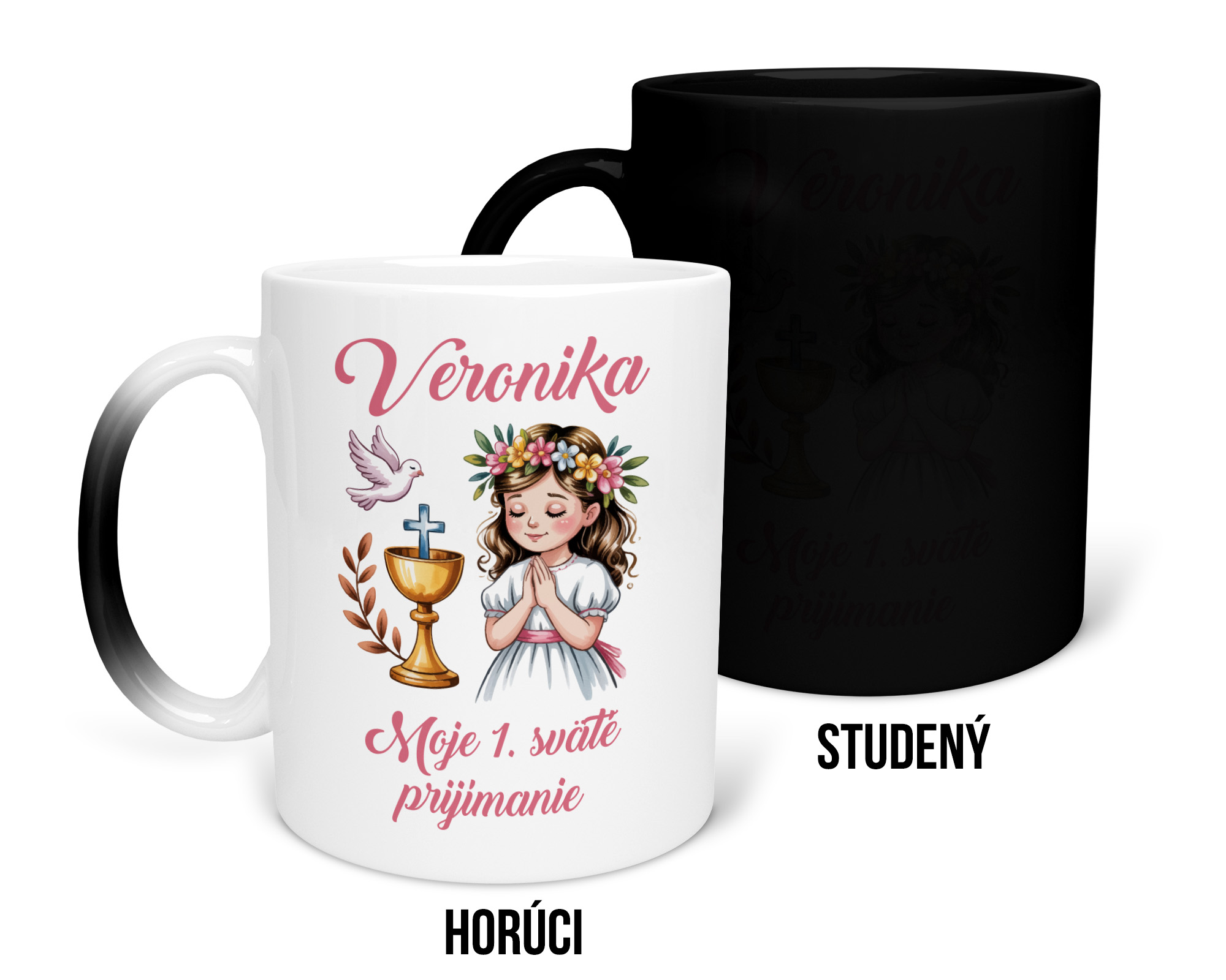 Darček k 1. svätému prijímaniu hrnček s potlačou Moje 1. sväté prijímanie s menom na želanie