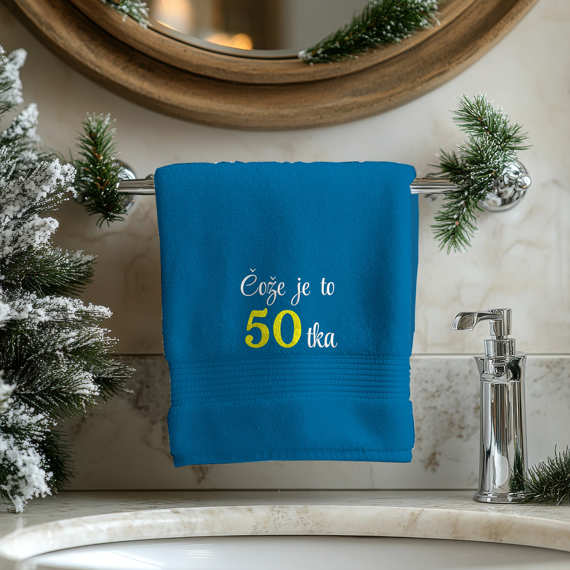 Osuška s výšivkou Čože je to 50tka