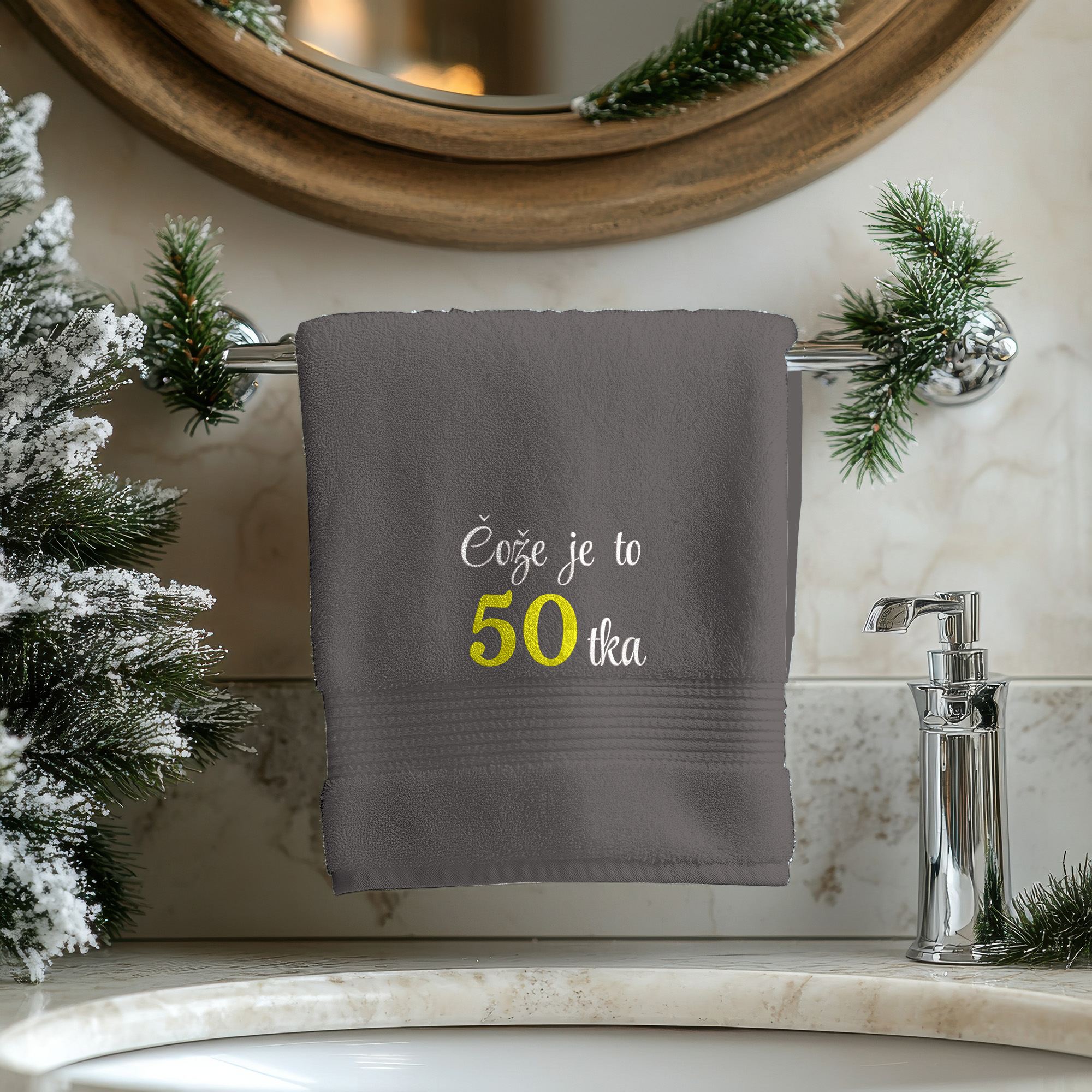 Osuška s výšivkou Čože je to 50tka