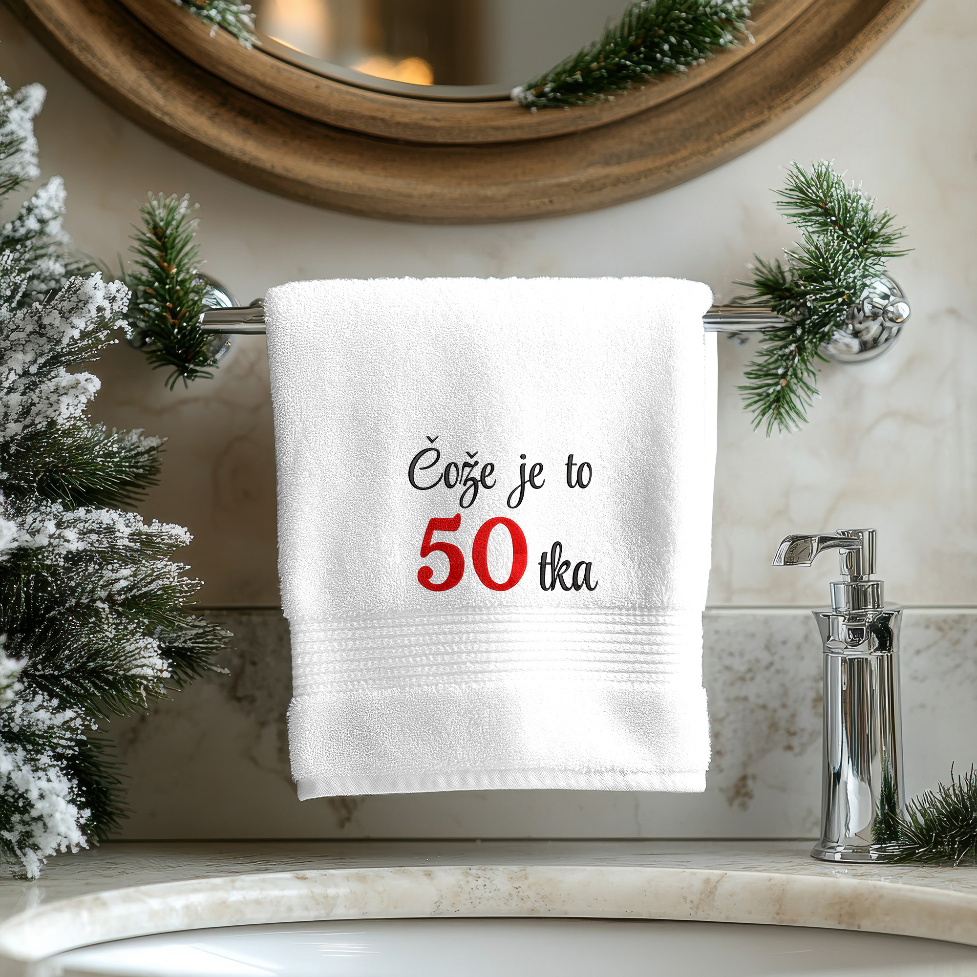 Osuška s výšivkou Čože je to 50tka